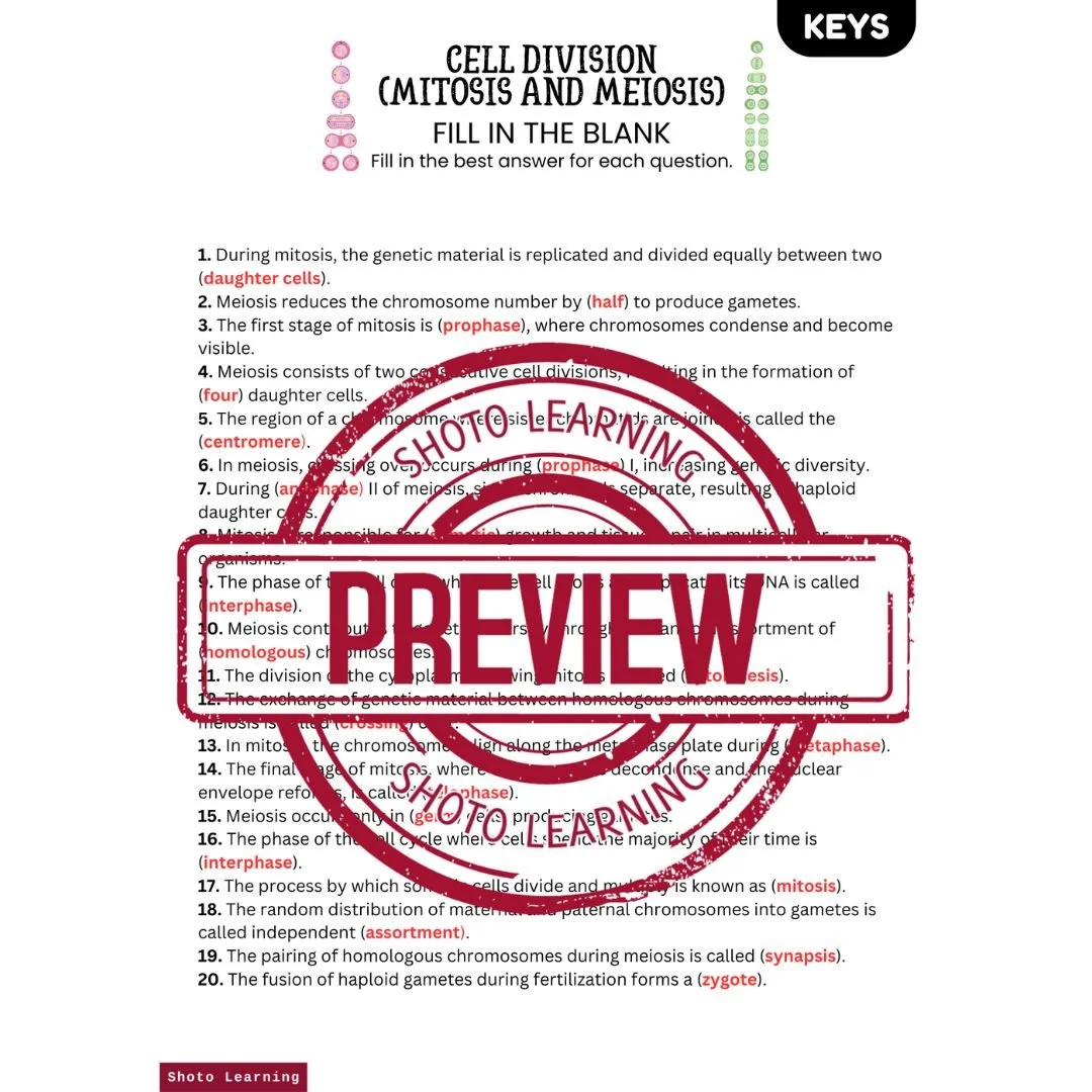 Cell Division Mastery Worksheet: Mitosis & Meiosis Fill-in-the-Blank